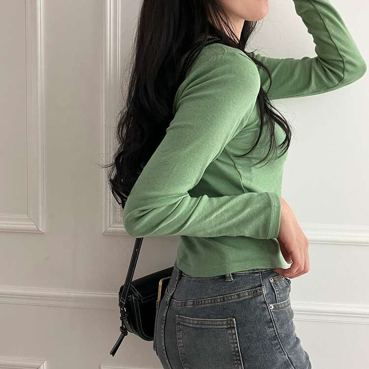 기장감좋은 투썸 밑단 굴림 긴팔 티셔츠 연두