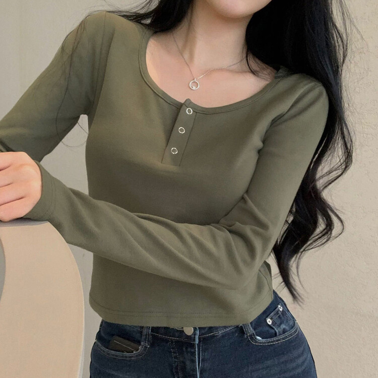 スナップボタンヘンリーネッククロップ長袖Tシャツ6色｜長袖Tシャツ