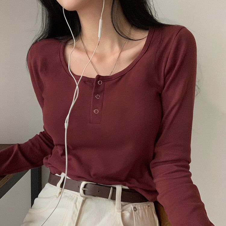 スナップボタンヘンリーネッククロップ長袖Tシャツ6色｜長袖Tシャツ