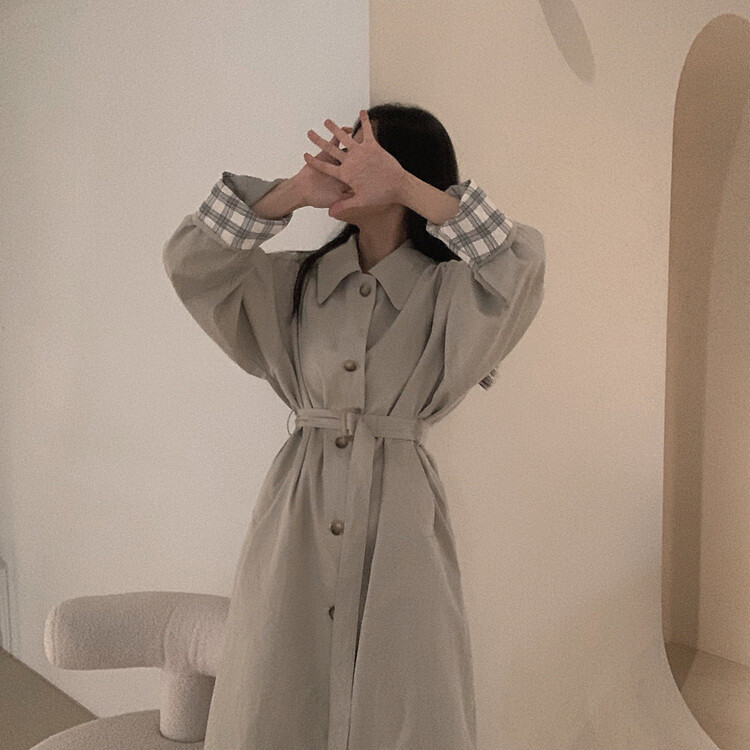 チェック裏地シングルトレンチロングコート｜コート｜韓国ファッション