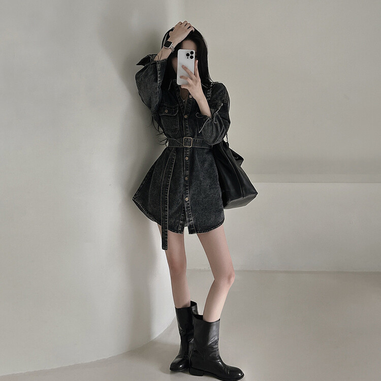 SET】スナップボタンデニムシャツミニワンピース ベルト｜ミニ