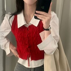 【SET】クロップシャツ コルセットニットベスト RED