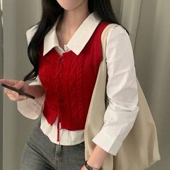 【SET】クロップシャツ コルセットニットベスト RED