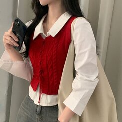 【SET】クロップシャツ コルセットニットベスト RED