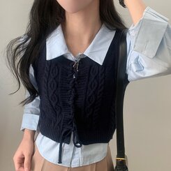 【SET】クロップシャツ コルセットニットベスト NAVY