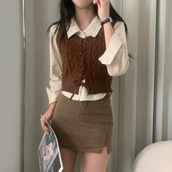 【SET】クロップシャツ コルセットニットベスト BROWN