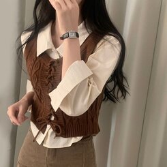 【SET】クロップシャツ コルセットニットベスト BROWN