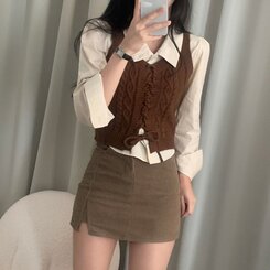 【SET】クロップシャツ コルセットニットベスト BROWN