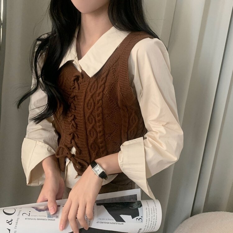 ニットベストシャツ SET】クロップシャツ コルセットニットベスト｜シャツ｜韓国