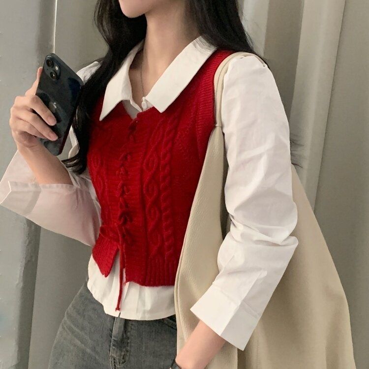 【SET】クロップシャツ コルセットニットベスト RED