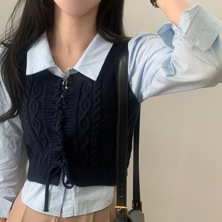 【SET】クロップシャツ コルセットニットベスト NAVY