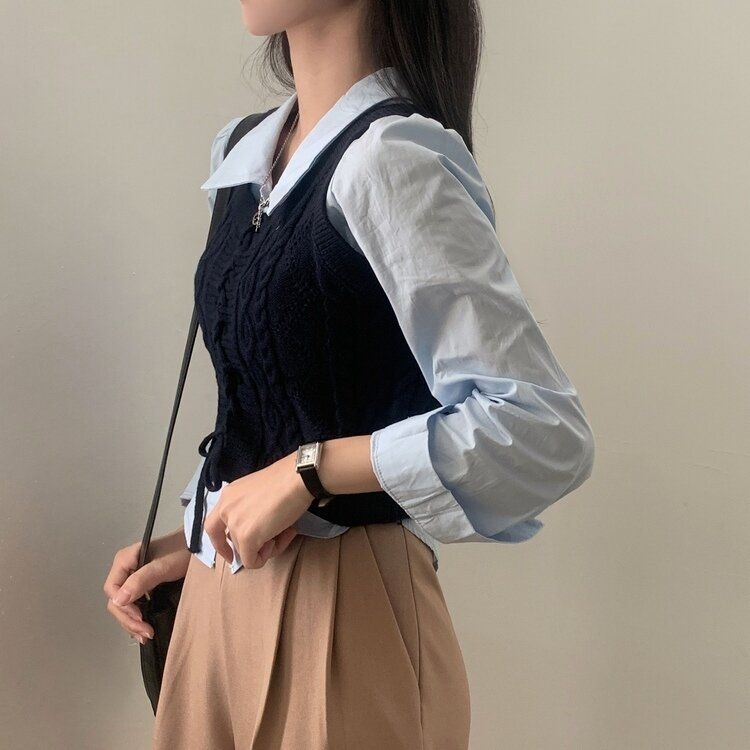 【SET】クロップシャツ コルセットニットベスト NAVY