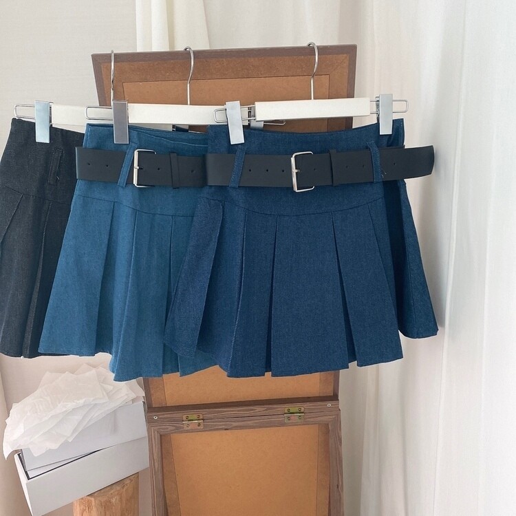 かなこベルトセットプリーツデニムミニスカートネイビーS miniministore｜ミニデニムプリーツスカート ベルト付き