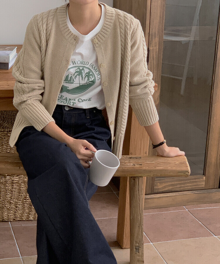 美品✨45R ケーブルニット　ウール　カーディガンコート　大きいサイズ　ベージュ カーディガン レディース ニット ショート丈 長袖 ざっくり編み