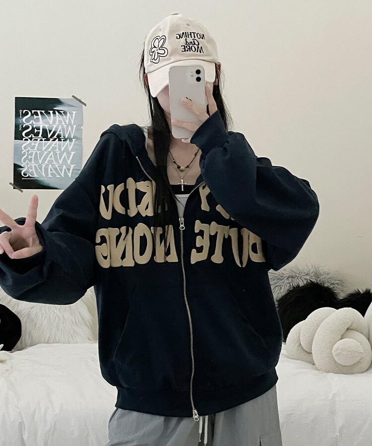 発泡レタリングオーバーフィットフードダブルジップアップ｜ジャンパー