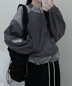 バイカラーデザインストリングナイロンウィンドブレーカー｜ジャンパー