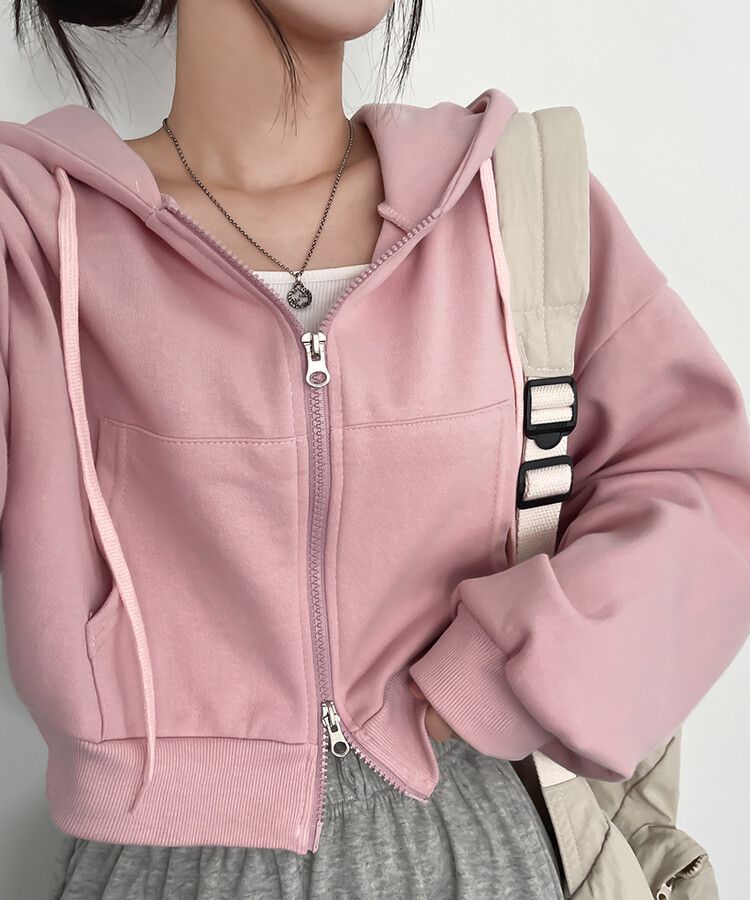 クロップダブルジップアップパーカー9色｜ジャンパー｜韓国