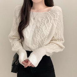 スクエアネックバルーンスリーブケーブルニット6色 アイボリー
