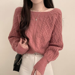 スクエアネックバルーンスリーブケーブルニット6色 ピンク