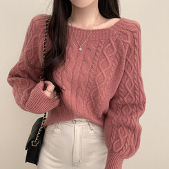 スクエアネックバルーンスリーブケーブルニット6色 ピンク