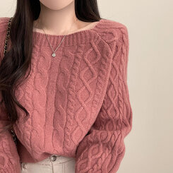 スクエアネックバルーンスリーブケーブルニット6色 ピンク