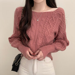 スクエアネックバルーンスリーブケーブルニット6色 ピンク