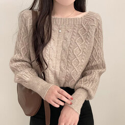 スクエアネックバルーンスリーブケーブルニット6色 ベージュ