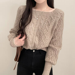 スクエアネックバルーンスリーブケーブルニット6色 ベージュ