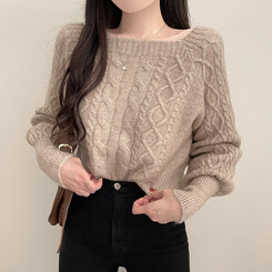 スクエアネックバルーンスリーブケーブルニット6色 ベージュ