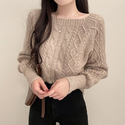 スクエアネックバルーンスリーブケーブルニット6色 ベージュ