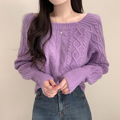 スクエアネックバルーンスリーブケーブルニット6色 パープル