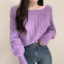 スクエアネックバルーンスリーブケーブルニット6色 パープル