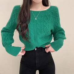 スクエアネックバルーンスリーブケーブルニット6色 グリーン