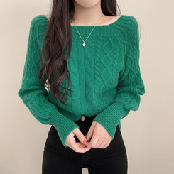 スクエアネックバルーンスリーブケーブルニット6色 グリーン