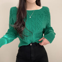 スクエアネックバルーンスリーブケーブルニット6色 グリーン