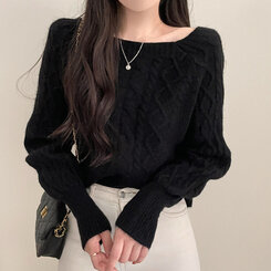 スクエアネックバルーンスリーブケーブルニット6色 ブラック
