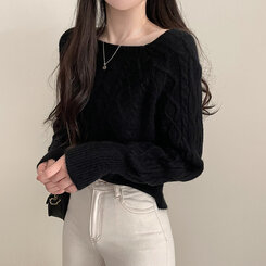 スクエアネックバルーンスリーブケーブルニット6色 ブラック