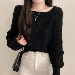 スクエアネックバルーンスリーブケーブルニット6色 ブラック