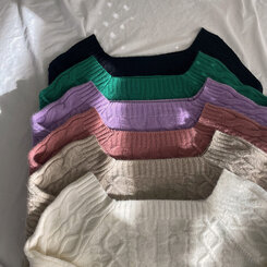 スクエアネックバルーンスリーブケーブルニット6色