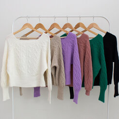 スクエアネックバルーンスリーブケーブルニット6色