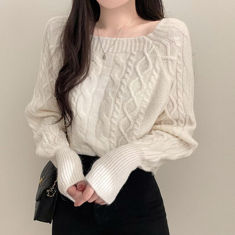 スクエアネックバルーンスリーブケーブルニット6色 アイボリー