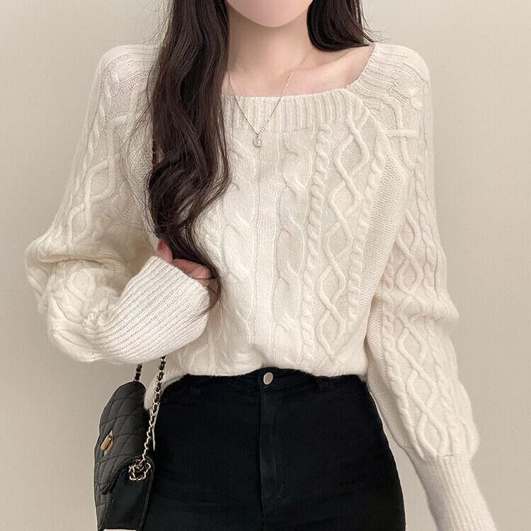 スクエアネックバルーンスリーブケーブルニット6色 アイボリー