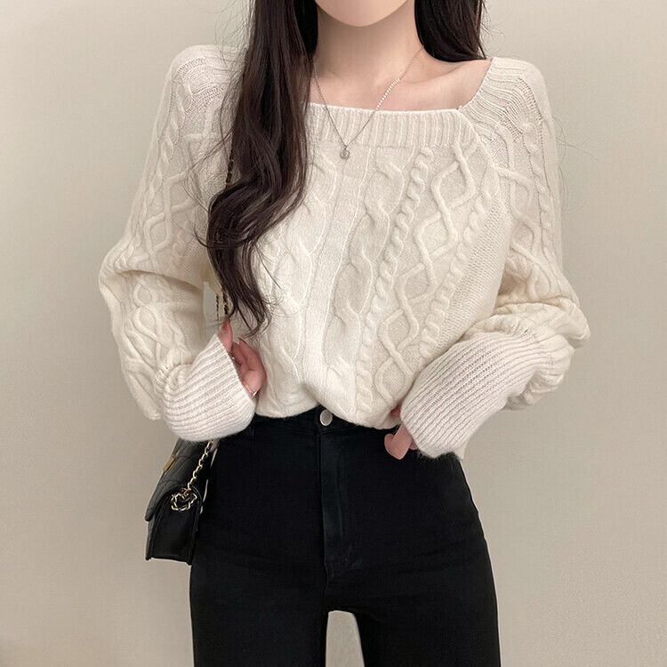 スクエアネックバルーンスリーブケーブルニット6色 アイボリー