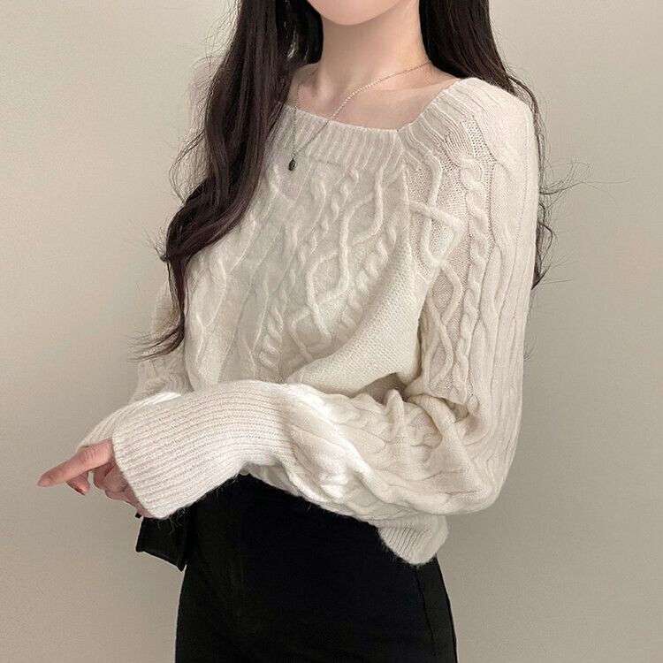 スクエアネックバルーンスリーブケーブルニット6色 アイボリー