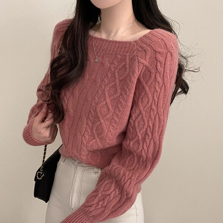 スクエアネックバルーンスリーブケーブルニット6色 ピンク