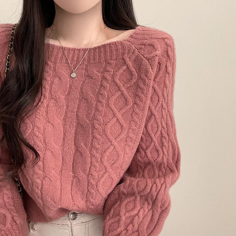 スクエアネックバルーンスリーブケーブルニット6色 ピンク