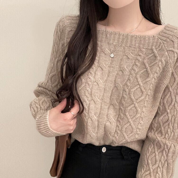 スクエアネックバルーンスリーブケーブルニット6色 ベージュ