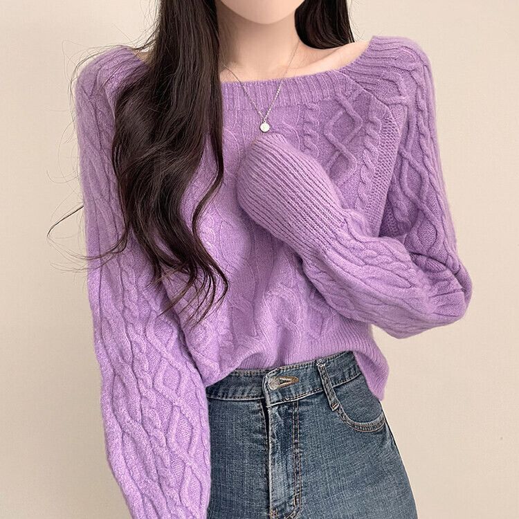 スクエアネックバルーンスリーブケーブルニット6色 パープル