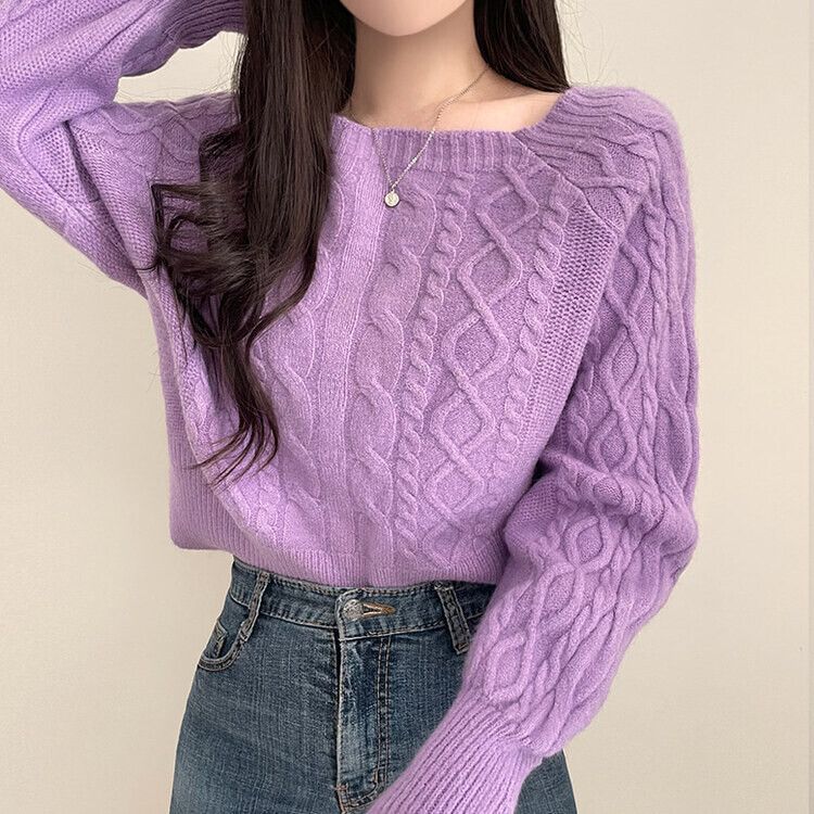 スクエアネックバルーンスリーブケーブルニット6色 パープル