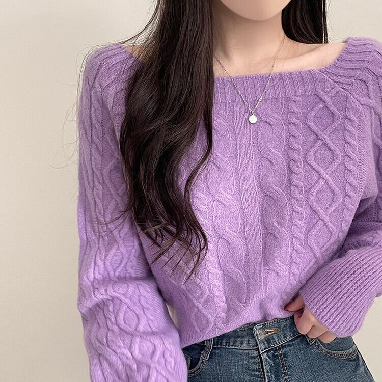 スクエアネックバルーンスリーブケーブルニット6色 パープル